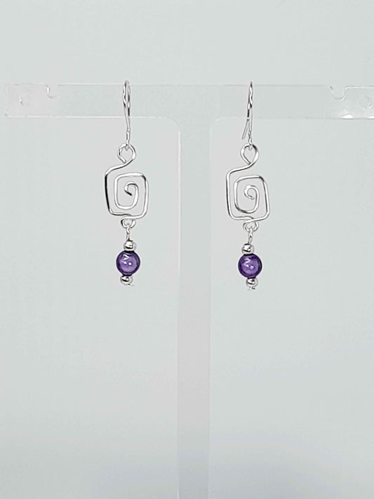 Dainty Silver & Lilac Square Spiral Earrings, Handmade, Lightweight & Pretty