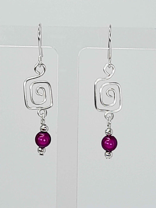 Dainty Silver & Purple Square Spiral Earrings, Handmade, Lightweight & Pretty