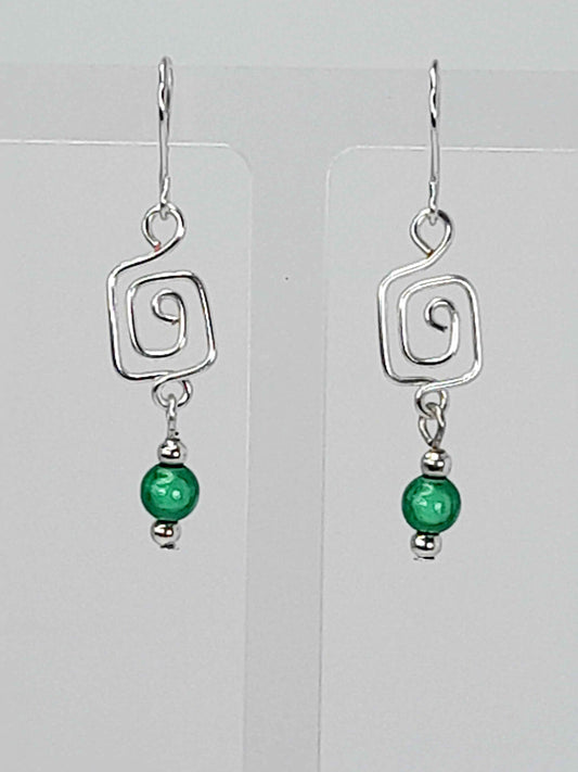 Dainty Silver & Green Square Spiral Earrings, Handmade, Lightweight & Pretty