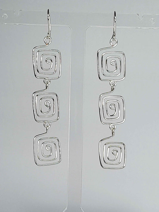 Handmade Silver‑Plated Square Spiral Earrings, Large Geometric Statement Dangle Jewellery