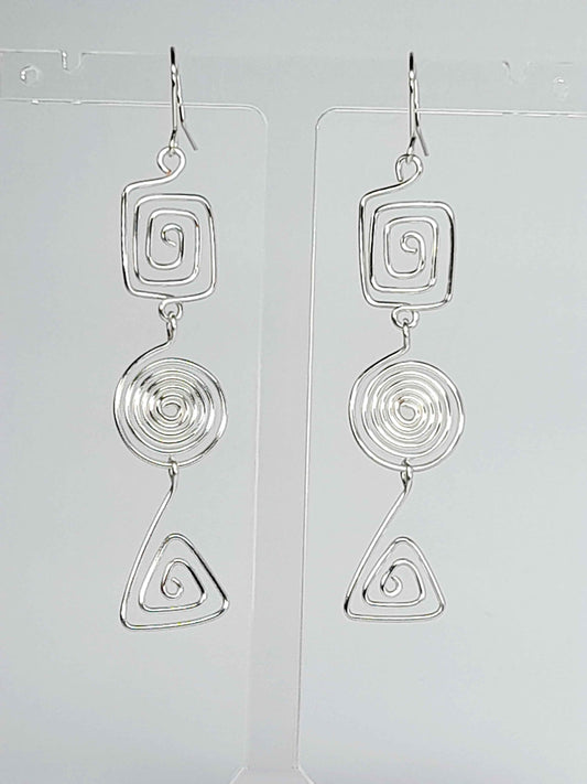 Geometric Silver Spiral Earrings, Handmade Lightweight Statement Dangles