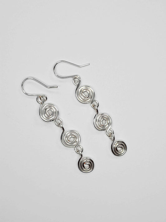 Handmade Silver‑Plated Spiral Drop Earrings, Lightweight Statement Dangle Jewellery
