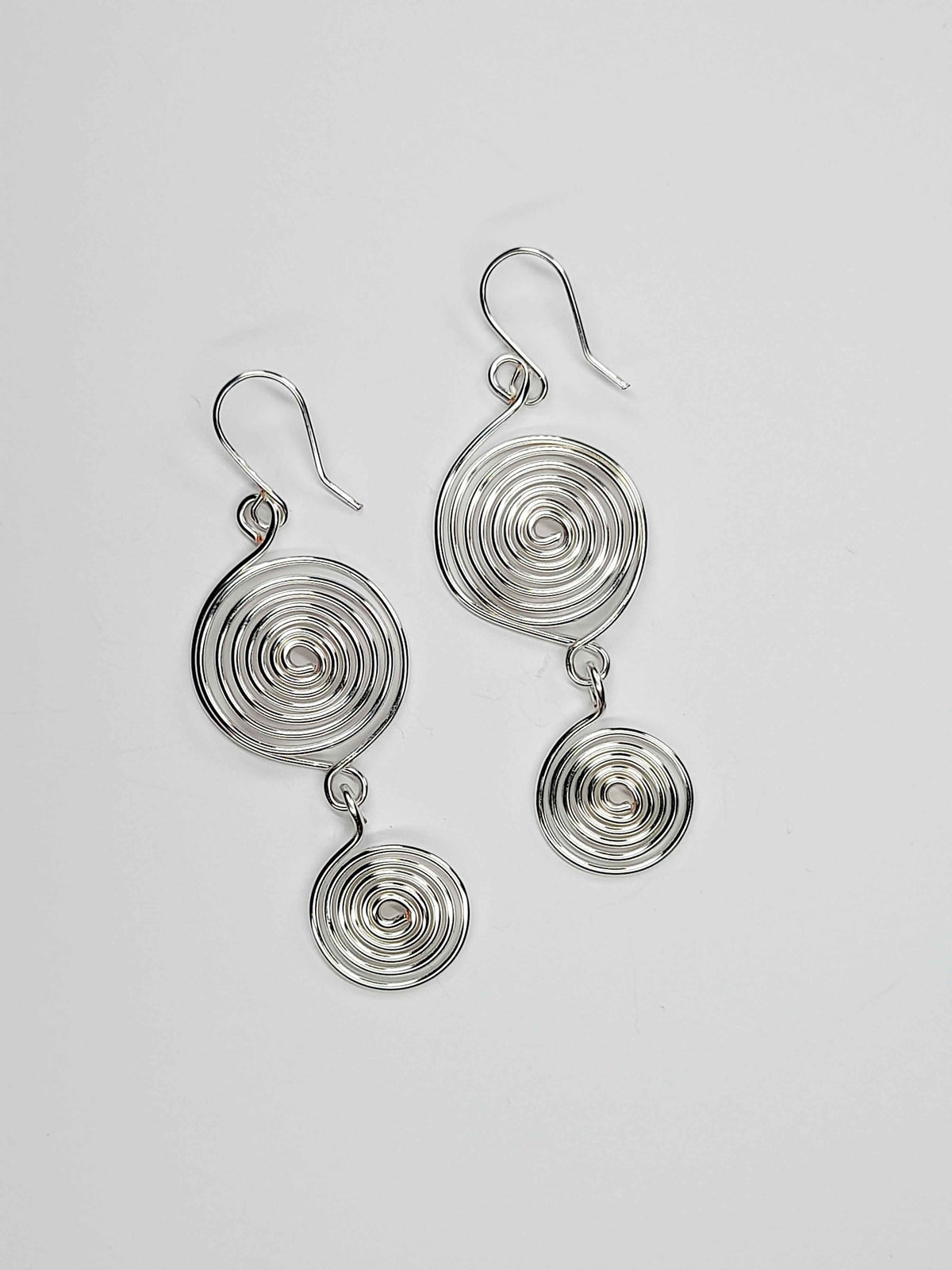 Handmade Silver‑Plated Spiral Earrings, Geometric Double‑Spiral Drop Jewellery
