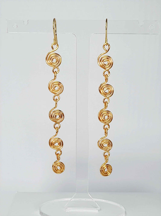 Handmade Gold‑Plated Long Spiral Earrings, Lightweight Five‑Spiral Geometric Dangle Jewellery