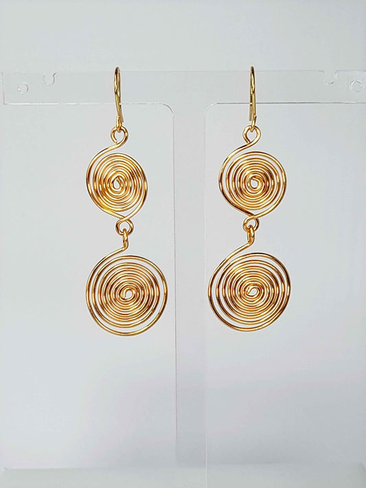 Handmade Gold‑Plated Spiral Earrings, Geometric Double Spiral Drop Jewellery