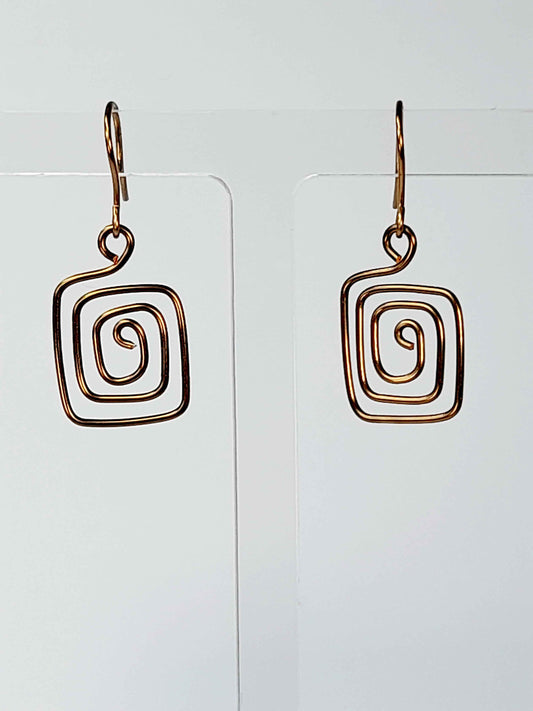 Handmade Bronze Spiral Square Earrings, Dainty Lightweight Geometric Drops