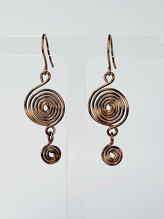 Handmade Bronze‑Plated Spiral Earrings, Geometric Double Spiral Dangle Jewellery
