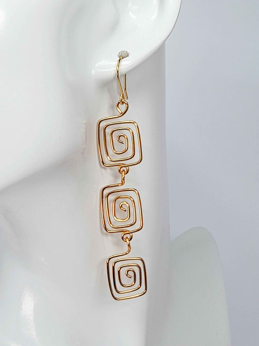 Handmade Gold‑Plated Square Spiral Earrings, Large Geometric Statement Dangle Jewellery