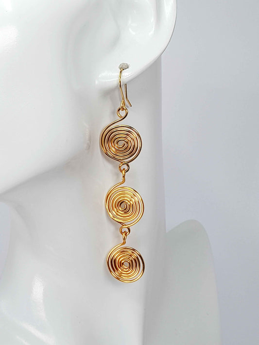 Handmade Gold‑Plated Spiral Earrings, Lightweight Statement Dangle Jewellery