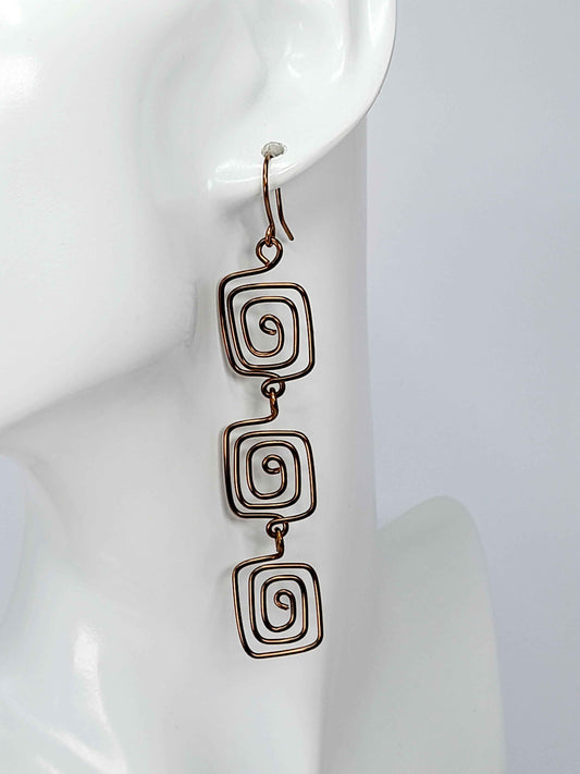 Handmade Bronze‑Plated Square Spiral Earrings, Large Geometric Statement Dangle Jewellery