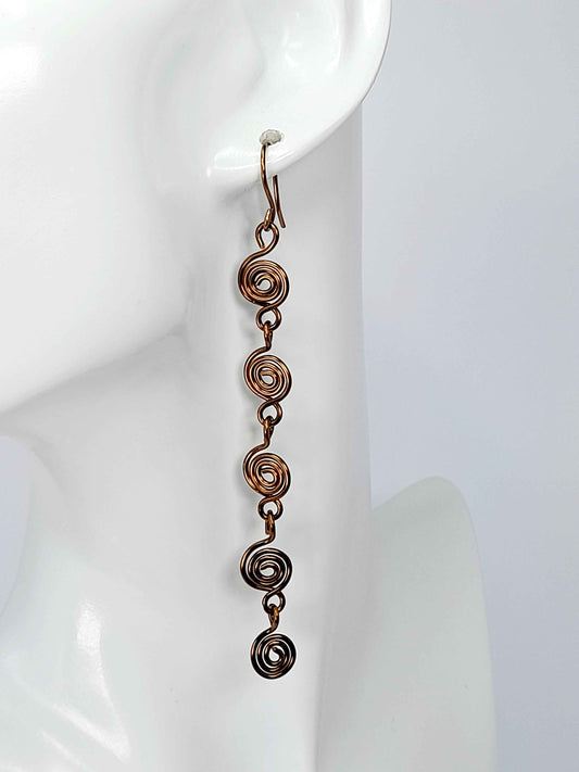 Handmade Bronze‑Plated Long Spiral Earrings, Lightweight Five‑Spiral Geometric Dangle Jewellery