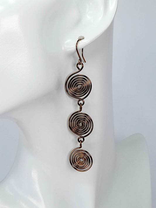 Handmade Bronze‑Plated Spiral Earrings, Lightweight Statement Dangle Jewellery