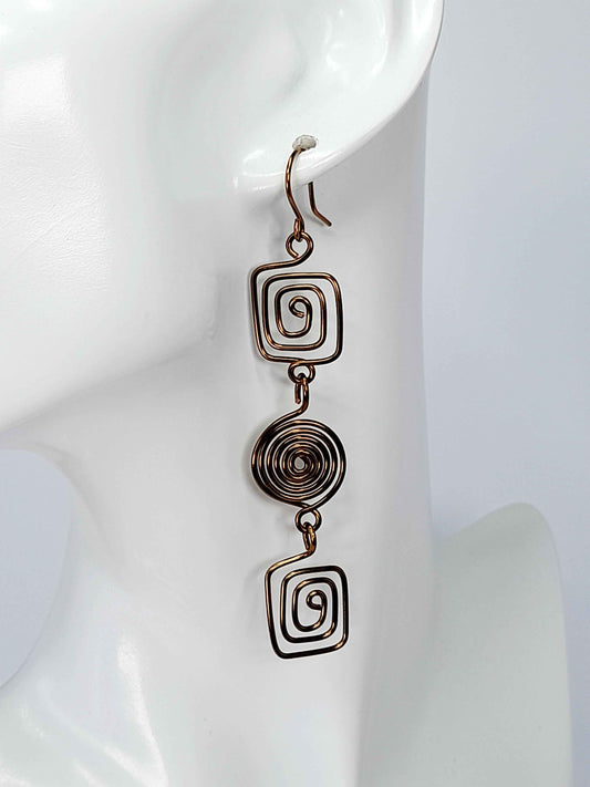 Long Geometric Spiral Bronze Drop Earrings, Handmade Gold‑Plated Statement Jewellery
