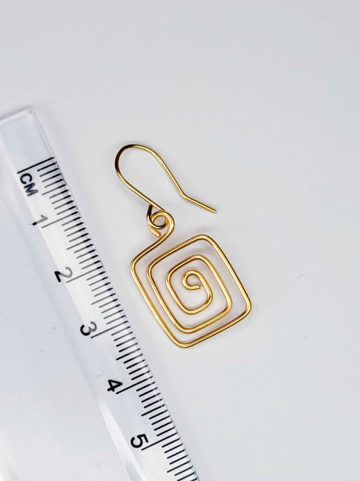 Handmade Gold Spiral Square Earrings, Dainty Lightweight Geometric Drops