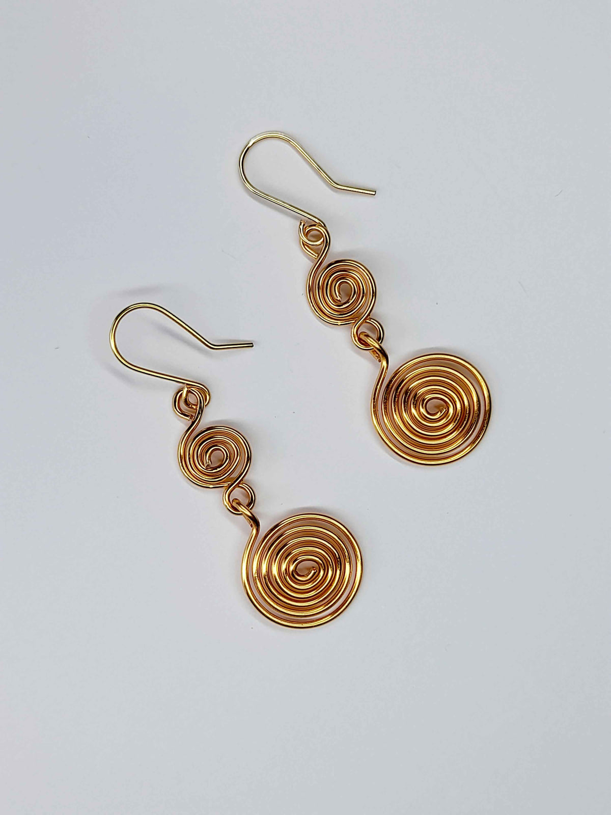 Handmade Gold‑Plated Double Spiral Earrings, Geometric Spiral Drop Jewellery