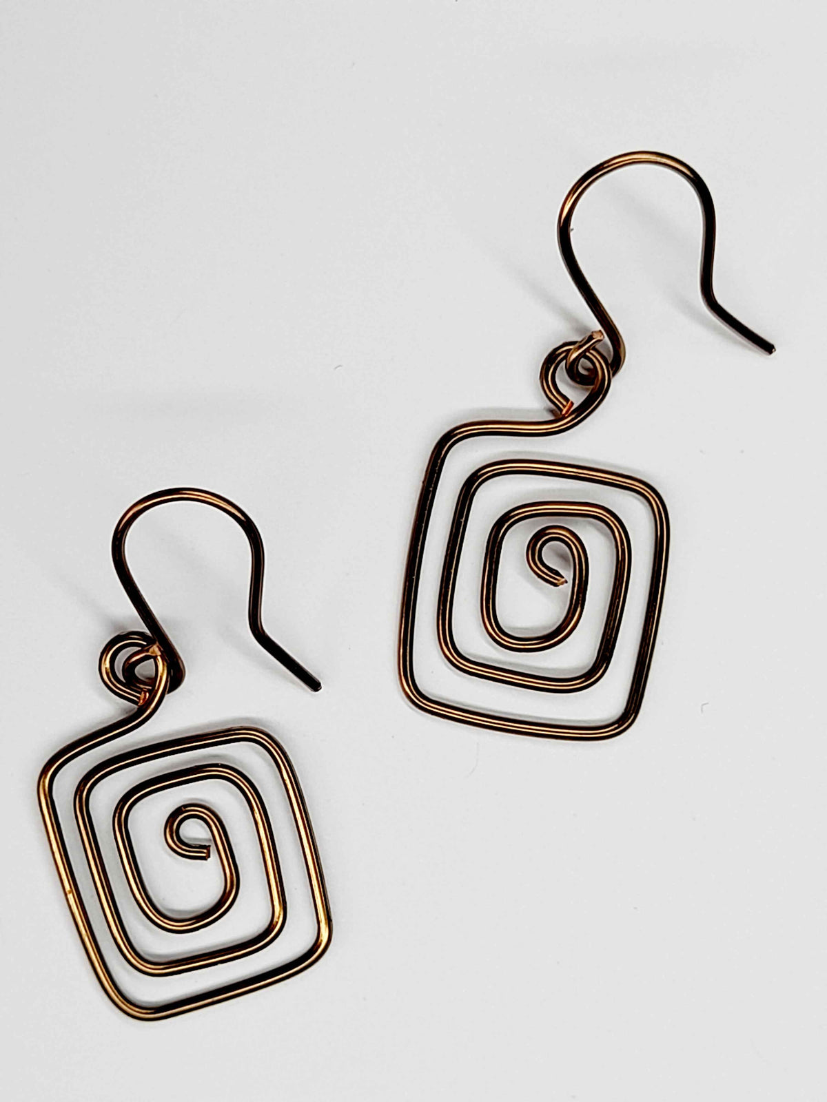 Handmade Bronze Spiral Square Earrings, Dainty Lightweight Geometric Drops