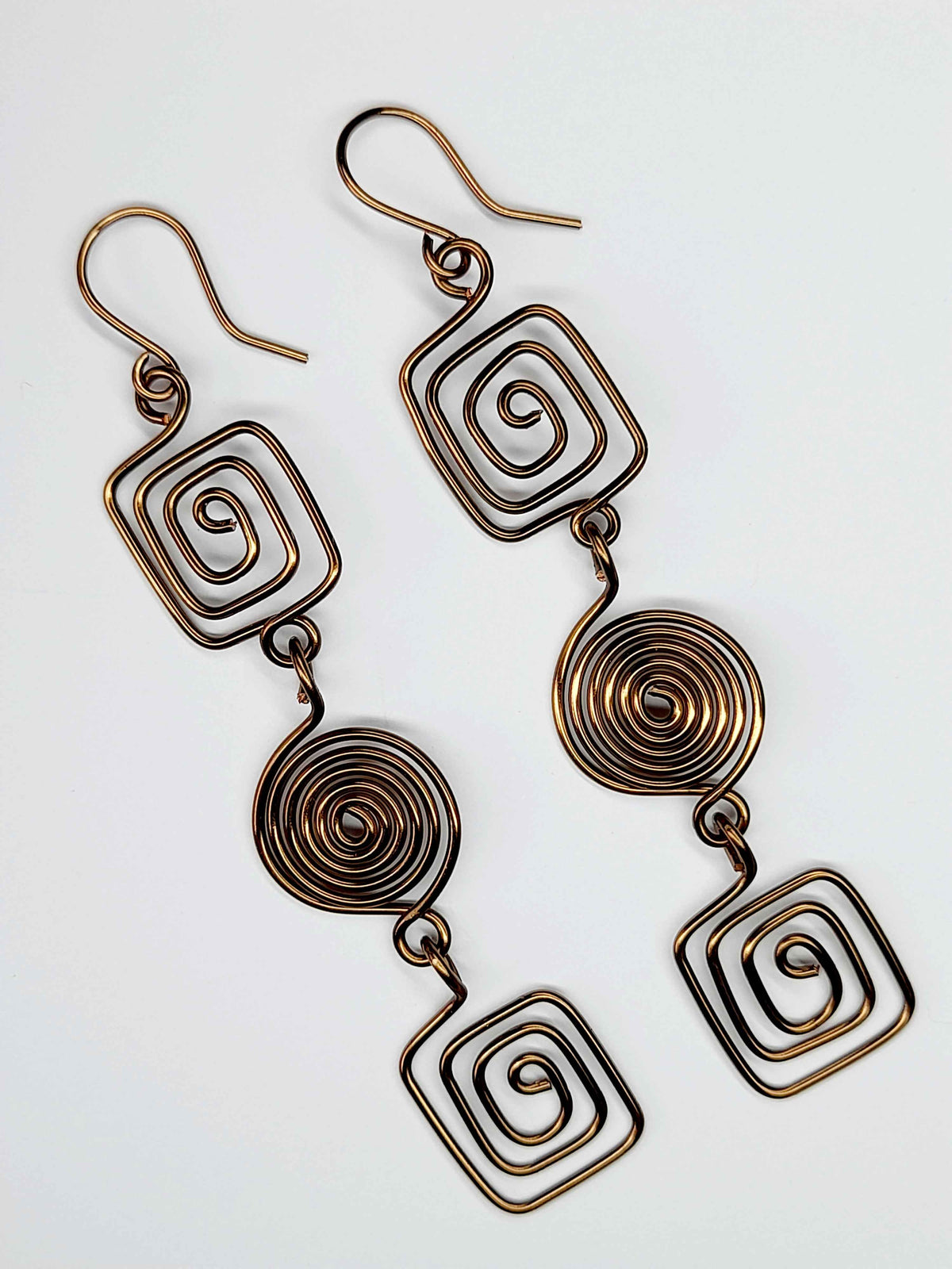 Long Geometric Spiral Bronze Drop Earrings, Handmade Gold‑Plated Statement Jewellery