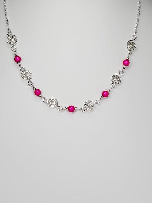 Dainty Silver Spiral Necklace with Hot Pink Miracle Beads, Handmade Lightweight Jewellery