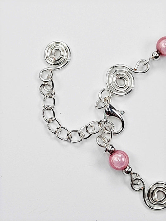 Dainty Silver Spiral & Pale Pink Bead Bracelet, Handmade Adjustable Design