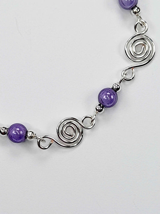 Dainty Silver Spiral & Lilac Bead Bracelet, Handmade Adjustable Design