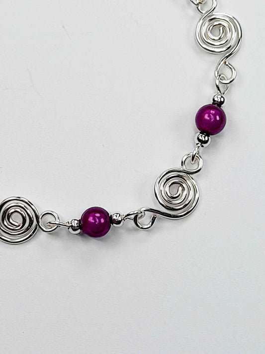 Dainty Silver Spiral & Purple Bead Bracelet, Handmade Adjustable Design