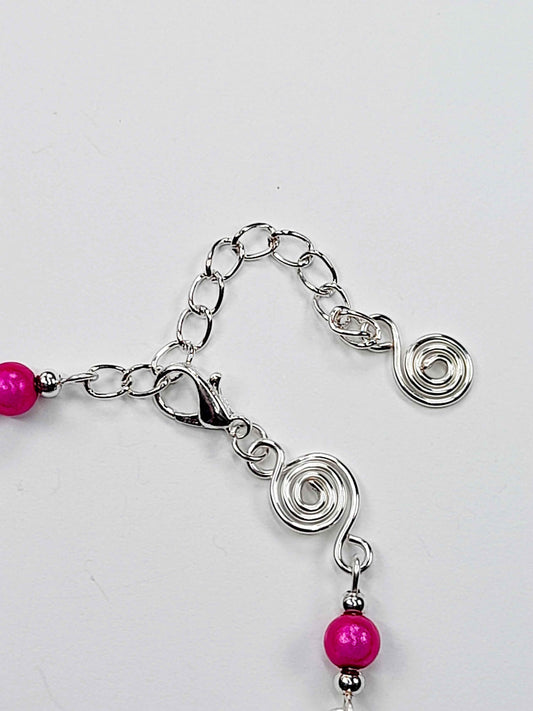 Dainty Silver Spiral & Hot Pink Bead Bracelet, Handmade Adjustable Design