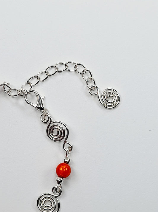Dainty Silver Spiral & Orange Bracelet, Handmade Adjustable Design