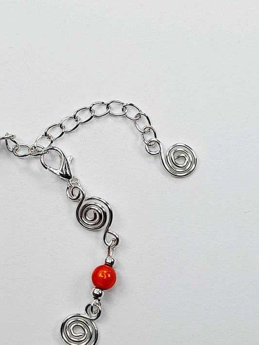Dainty Silver Spiral & Orange Bracelet, Handmade Adjustable Design