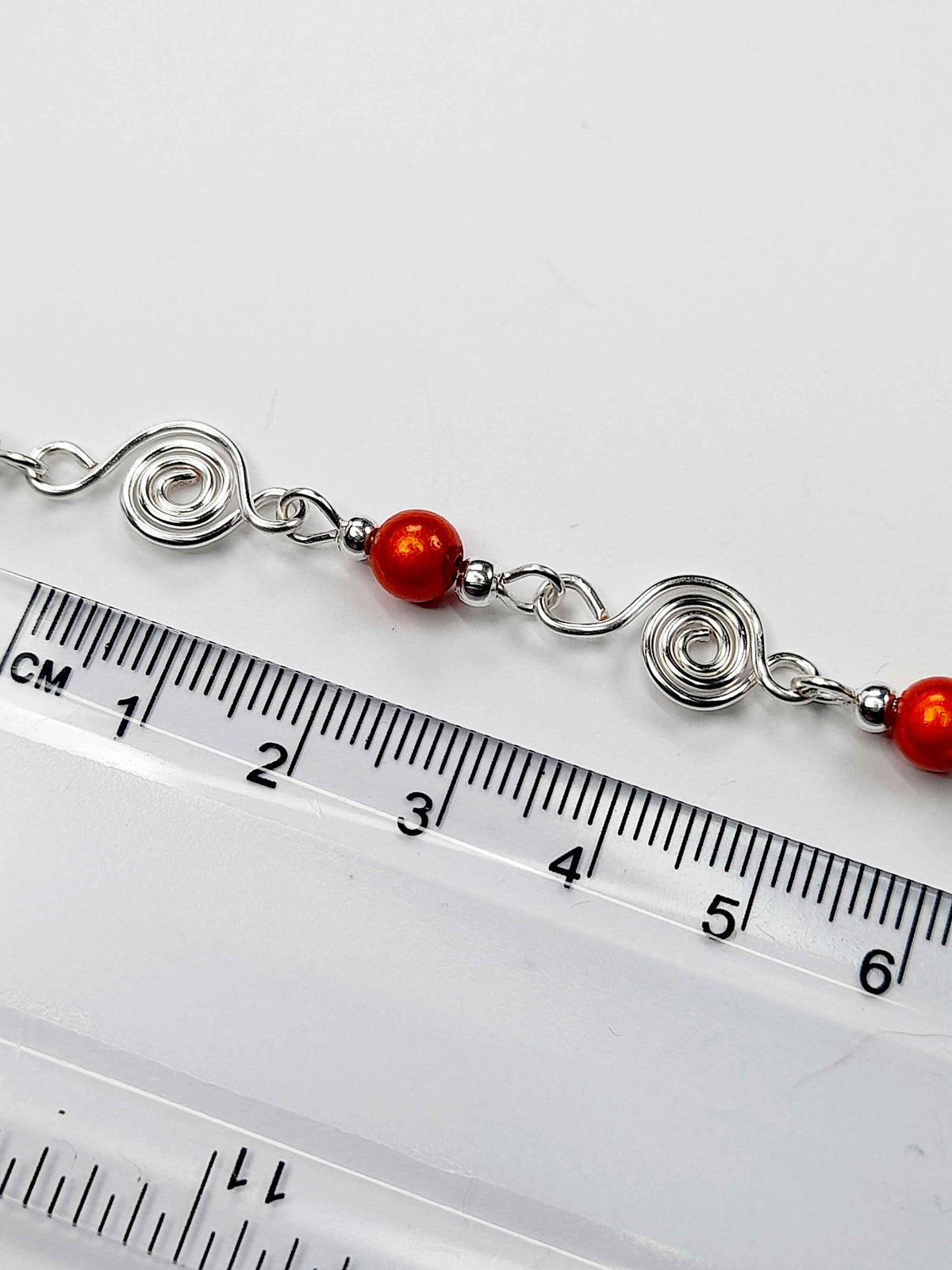Dainty Silver Spiral & Orange Bracelet, Handmade Adjustable Design