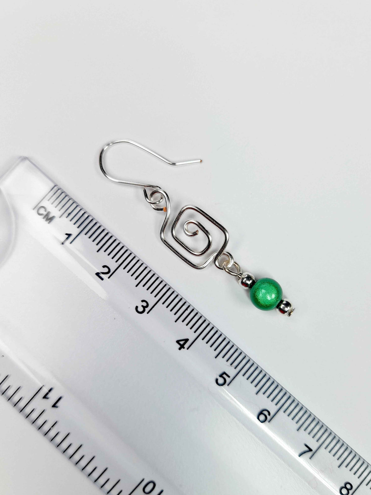 Dainty Silver & Green Square Spiral Earrings, Handmade, Lightweight & Pretty