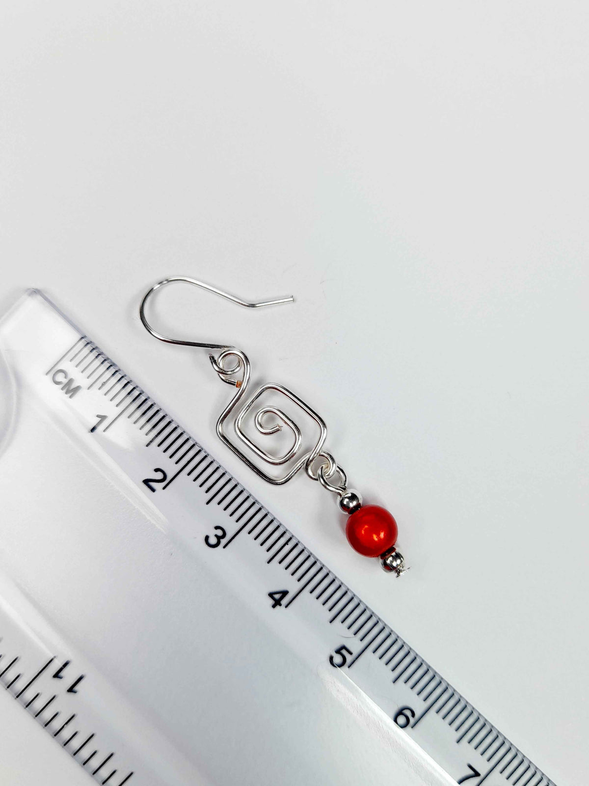 Dainty Silver & Red Square Spiral Earrings, Handmade, Lightweight & Pretty