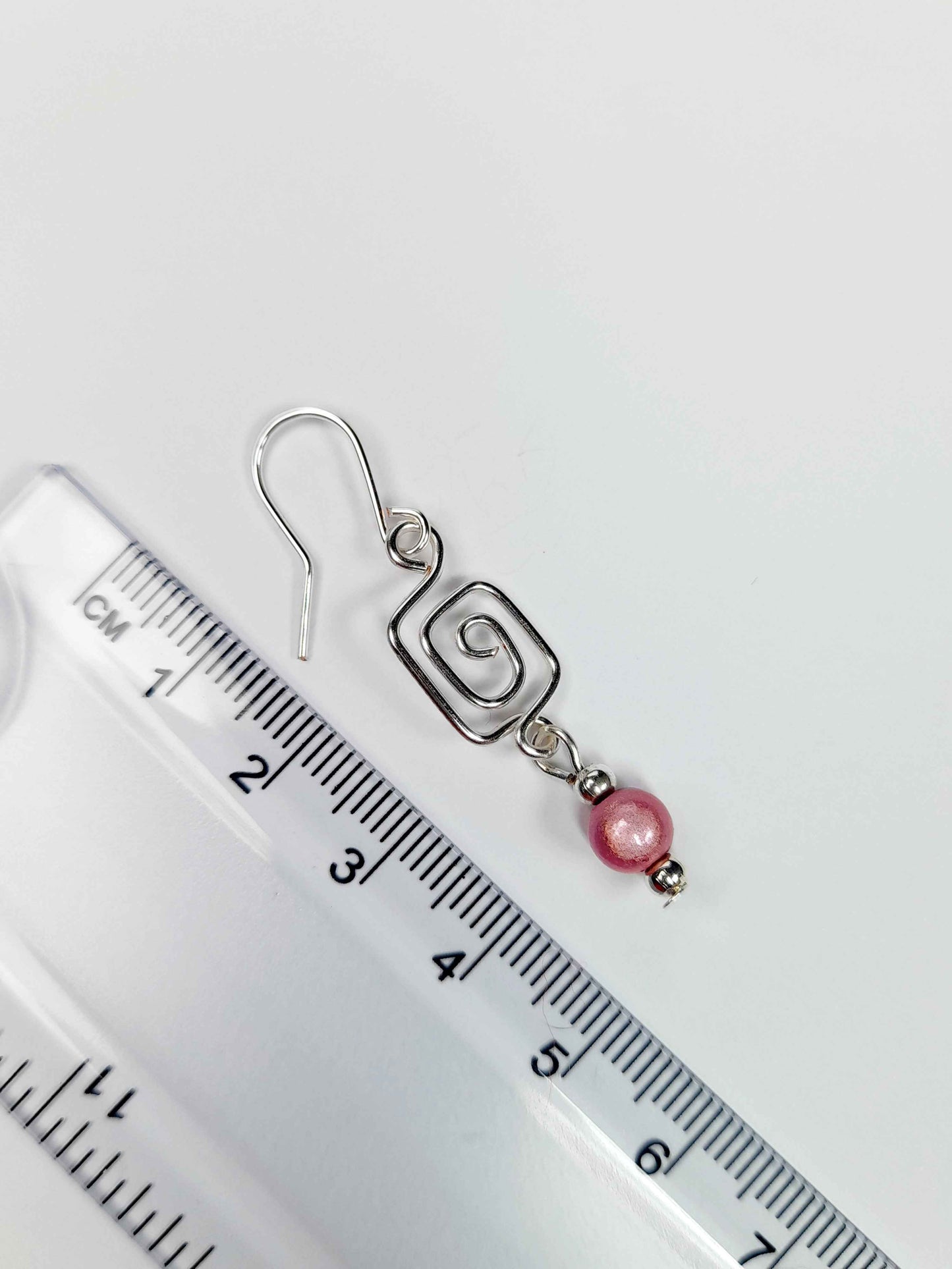 Dainty Silver & Pale Pink Square Spiral Earrings, Handmade, Lightweight & Pretty
