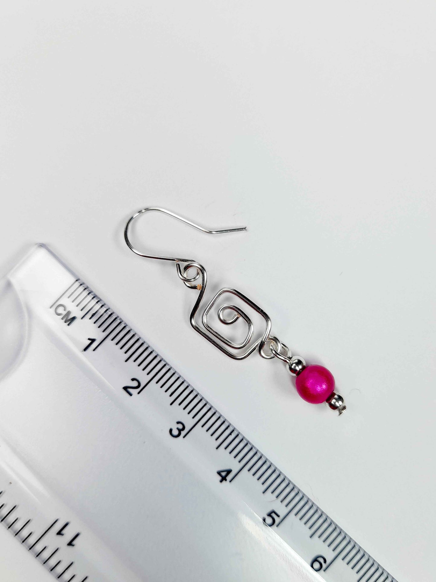 Dainty Silver & Hot Pink Square Spiral Earrings, Handmade, Lightweight & Pretty