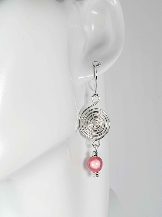 Handmade Silver & Pale Pink Spiral Earrings