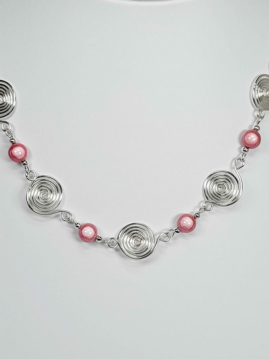 Bright Pale Pink Spiral Necklace, Handmade & Lightweight