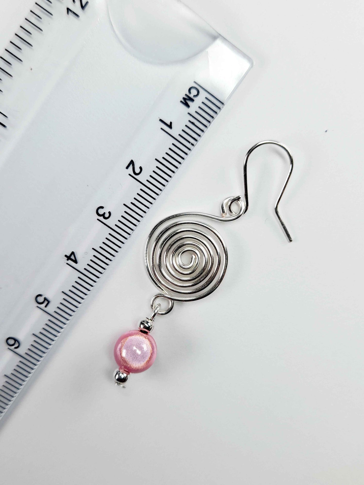 Handmade Silver & Pale Pink Spiral Earrings