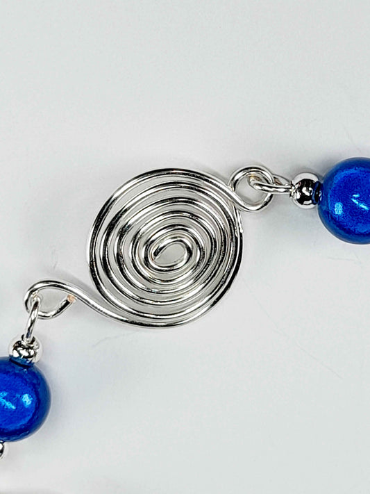 Dainty Silver Spiral & Blue Bead Bracelet – Handmade Adjustable Design