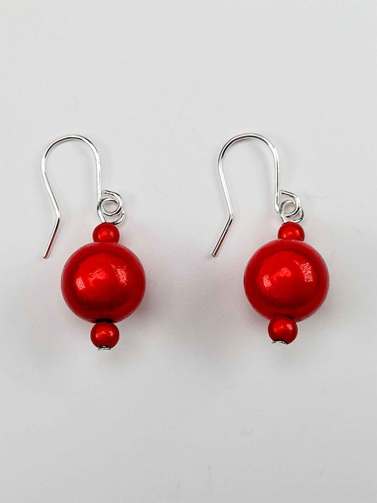 Handmade Silver Dangle Earrings with Red Luminescent Beads