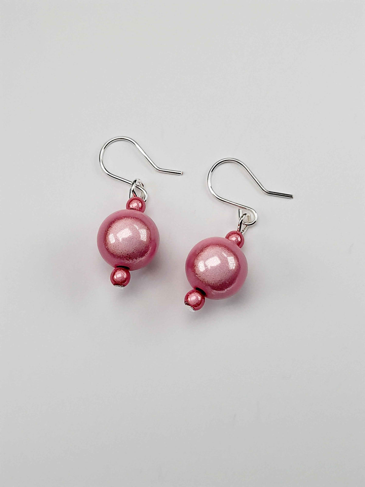 Handmade Silver Dangle Earrings with Pale Pink Luminescent Beads