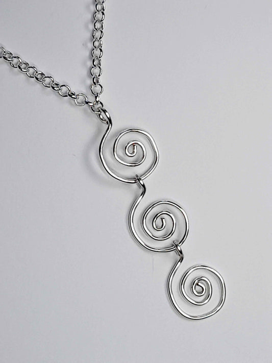 Handmade Silver Swirly Spiral Long Pendant Necklace, Lightweight Geometric Design