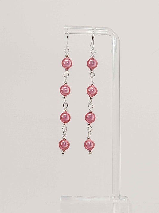Long Pale Pink Beaded Drop Earrings, Handmade Four Link Dangle Earrings