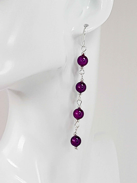 Long Dark Purple Beaded Drop Earrings, Handmade Four Link Dangle Earrings