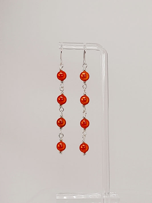 Long Bright Orange Beaded Drop Earrings, Handmade Four Link Dangle Earrings