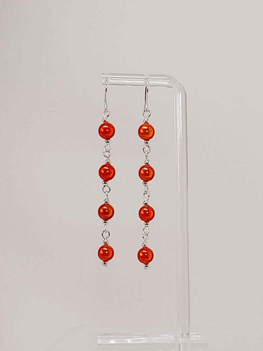 Long Bright Orange Beaded Drop Earrings, Handmade Four Link Dangle Earrings