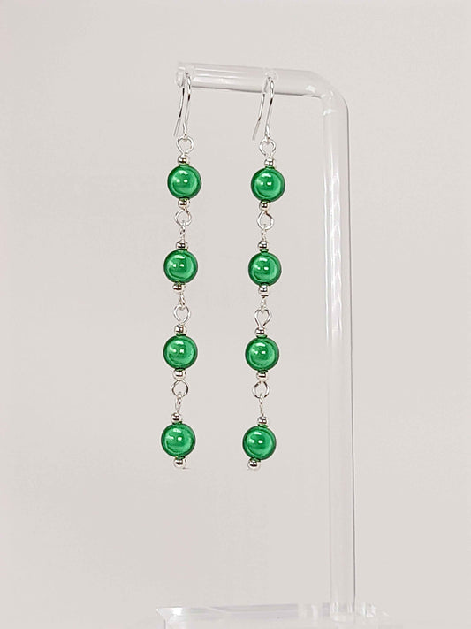 Long Bright Green Beaded Drop Earrings, Handmade Four Link Dangle Earrings