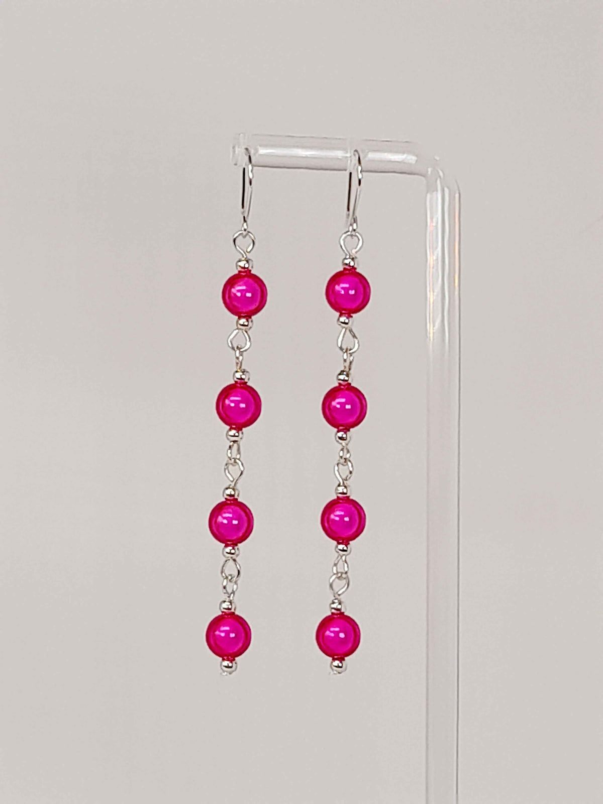 Long Pink Beaded Drop Earrings, Handmade Four Link Dangle Earrings