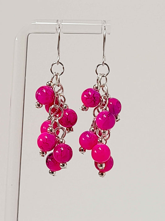 Hot Pink & Purple Marbled Glass Cluster Earrings – Statement Drop Earrings
