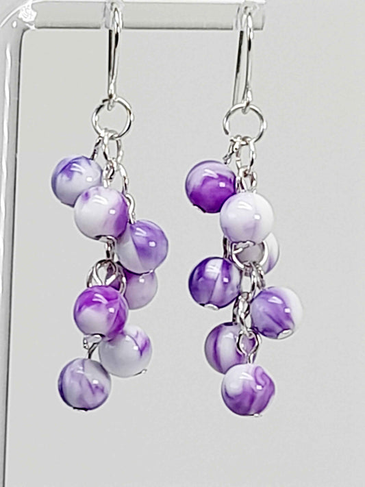 Handmade Bright Purple and White Marbled Cluster Earrings