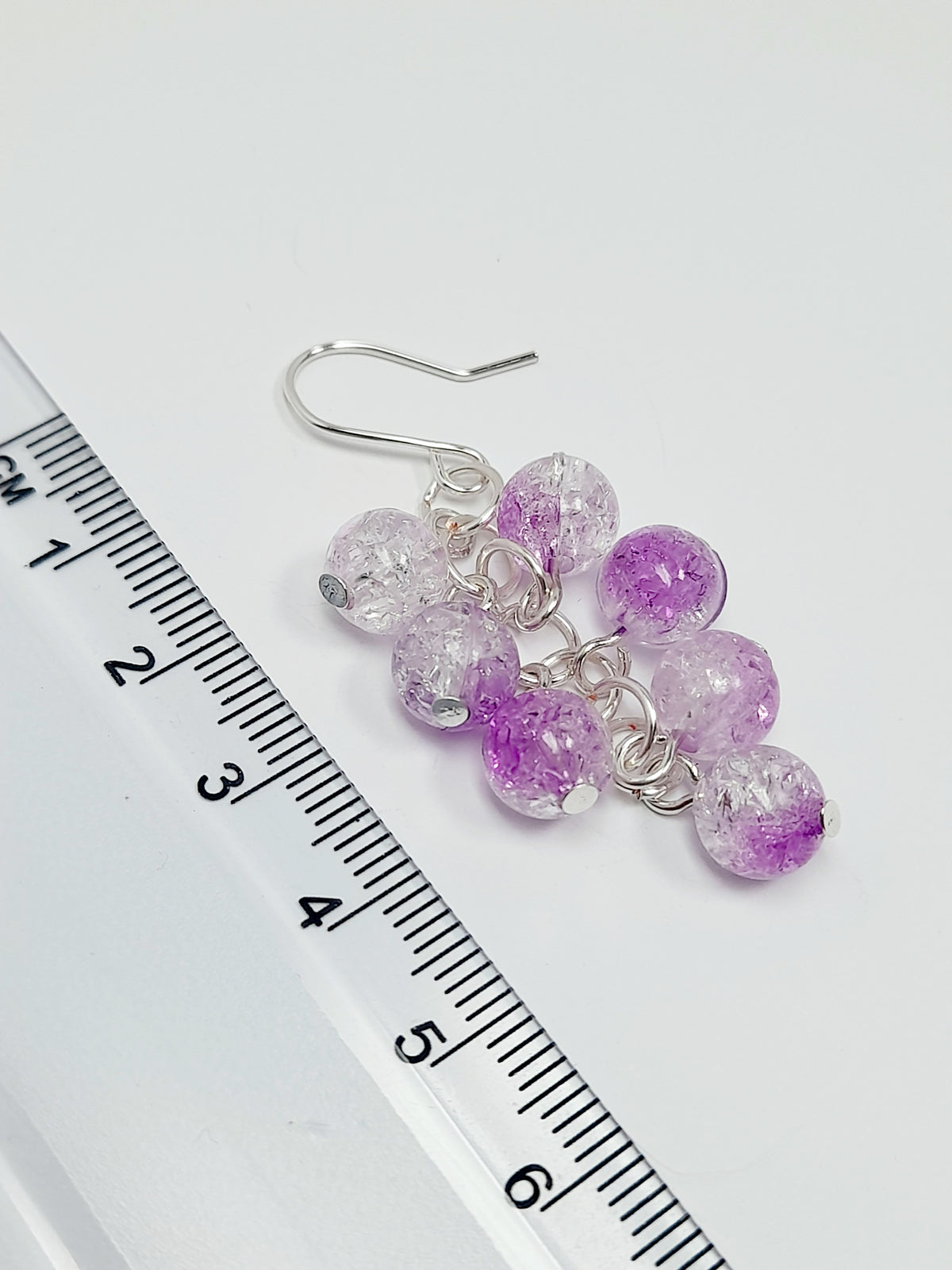 Handmade Purple Crackle Glass Bead Dangle Earrings, Silver Plated