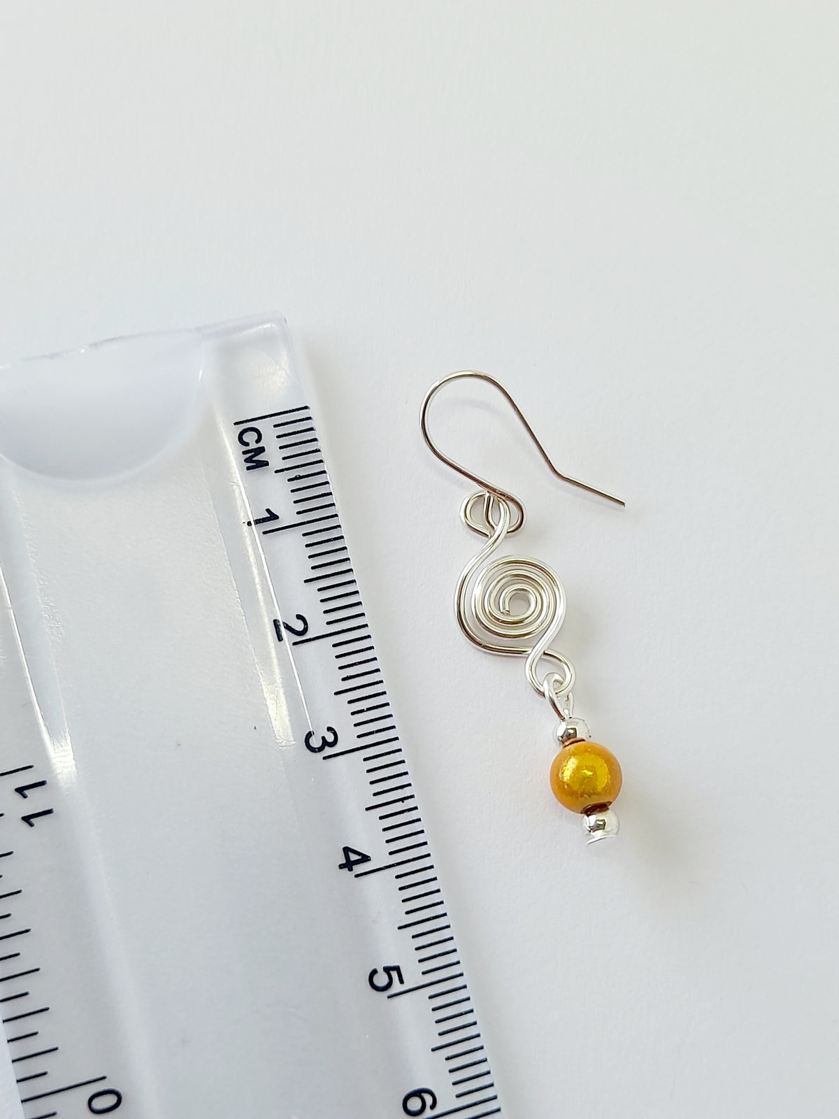 Dainty Silver Spiral & Yellow Bead Earrings – Handmade Drop Design
